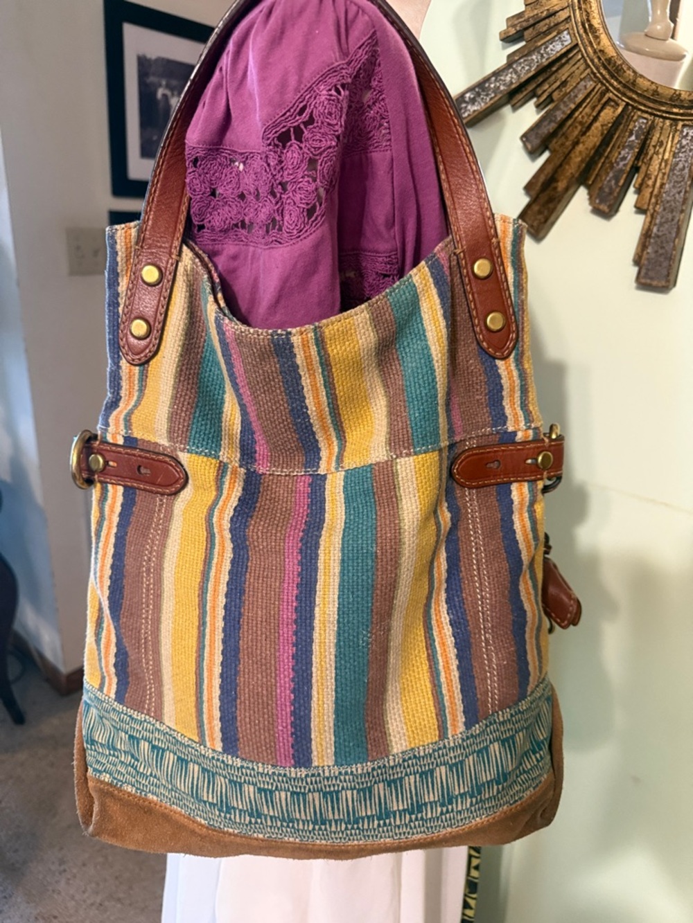 Fossil Multicolor Striped Canvas Shoulder Bag with Leather Trim - Picture 4 of 5